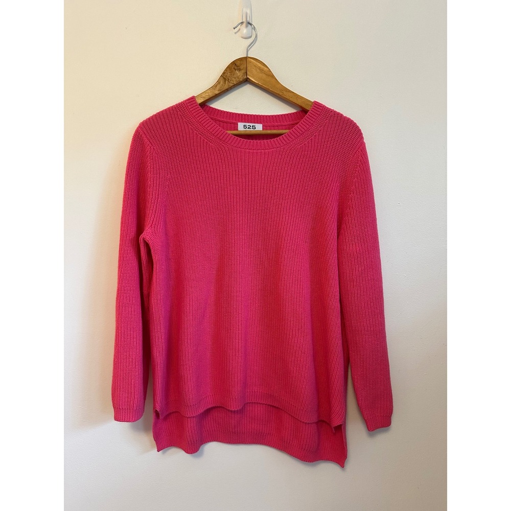 525 America Hot Pink Cotton Shaker Stitch High Low Crew Neck Sweater | Large